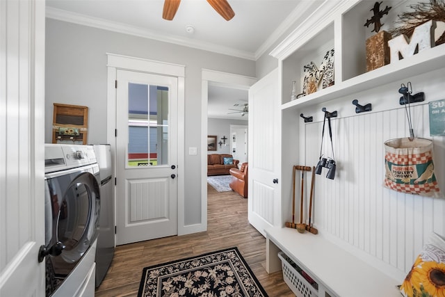 3785 County Road 405, Anderson, TX 77830 - laundry area featuring a ceiling fan, crown molding, dark wood-type flooring, and washing machine and dryer