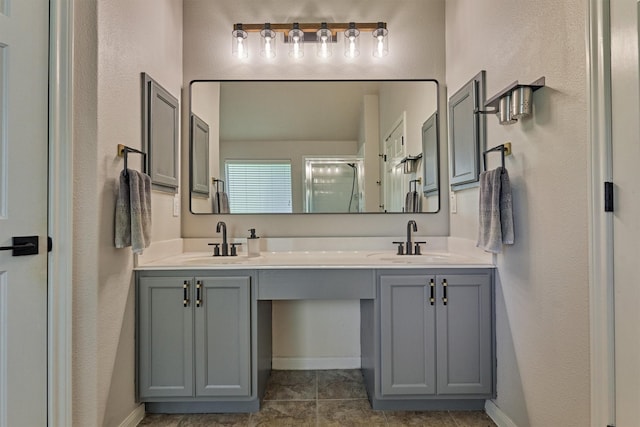 3729 Breckenridge Dr, Montgomery, TX 77356 - bathroom with a stall shower, baseboards, and double vanity