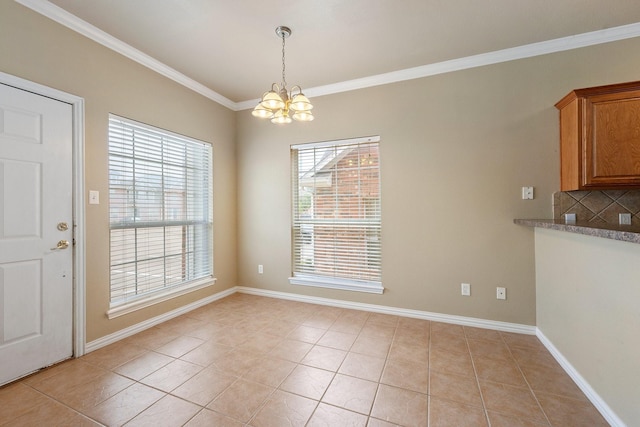 1001 Krenek Tap Rd Unit 1501, College Station, TX 77840 - unfurnished dining area with a chandelier, light tile patterned floors, ornamental molding, and baseboards