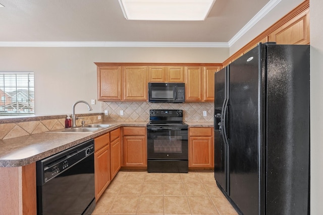 1001 Krenek Tap Rd Unit 1501, College Station, TX 77840 - kitchen featuring black appliances, a sink, crown molding, a peninsula, and light tile patterned flooring