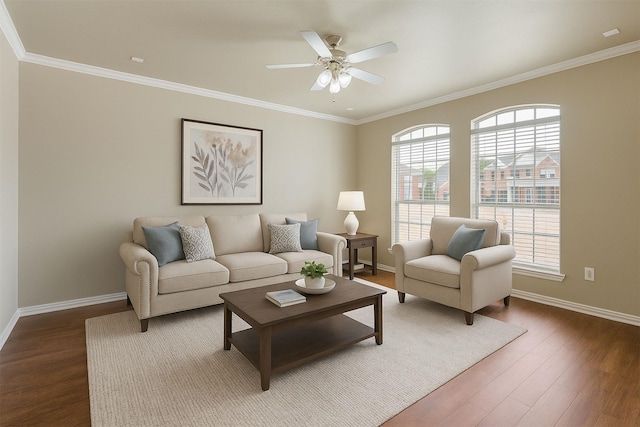1001 Krenek Tap Rd Unit 1501, College Station, TX 77840 - living room featuring baseboards, wood finished floors, a ceiling fan, and crown molding