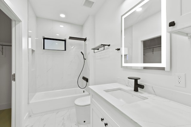 5115 Maple St, Houston, TX 77401 - full bathroom with marble look tile flooring, a walk in closet, vanity, toilet, and recessed lighting