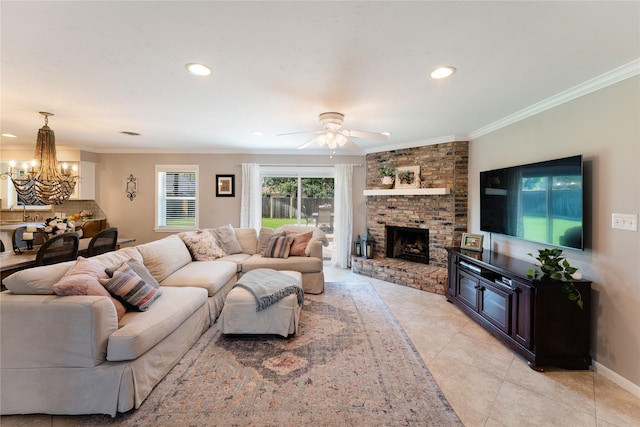 8914 Railton St, Houston, TX 77080 - living area featuring light tile patterned flooring, a ceiling fan, a chandelier, a brick fireplace, and crown molding