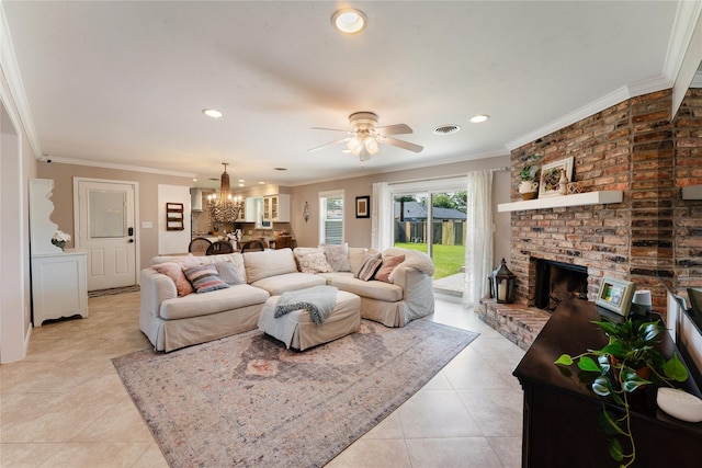 8914 Railton St, Houston, TX 77080 - living area featuring light tile patterned flooring, recessed lighting, a chandelier, ornamental molding, and a brick fireplace