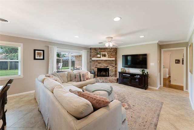 8914 Railton St, Houston, TX 77080 - living area featuring a ceiling fan, light tile patterned floors, ornamental molding, a brick fireplace, and recessed lighting