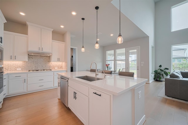 21714 Jenolan Ridge Rd, Cypress, TX 77433 - kitchen with a sink, tasteful backsplash, appliances with stainless steel finishes, light wood finished floors, and recessed lighting