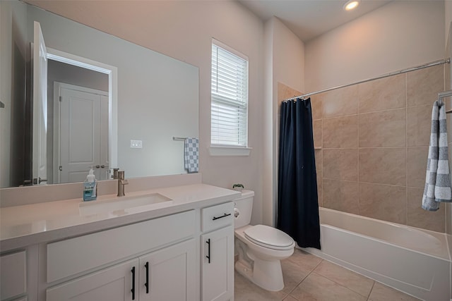 21714 Jenolan Ridge Rd, Cypress, TX 77433 - full bathroom with toilet, tile patterned floors, vanity, shower / bath combo with shower curtain, and recessed lighting