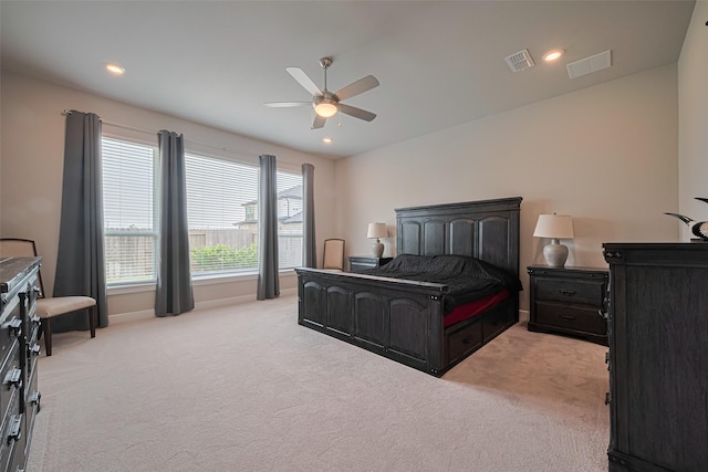 21714 Jenolan Ridge Rd, Cypress, TX 77433 - bedroom with light colored carpet, ceiling fan, and recessed lighting