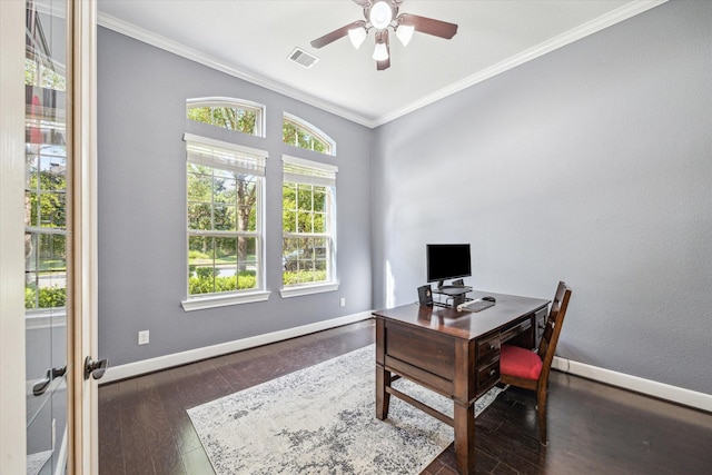home office featuring ornamental molding, a ceiling fan, baseboards, and wood finished floors