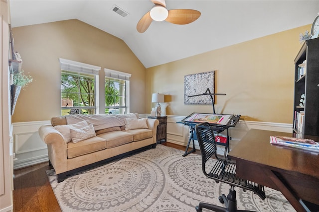 27438 Channing Springs Dr, Spring, TX 77386 - office space with wood finished floors, ceiling fan, wainscoting, vaulted ceiling, and a decorative wall