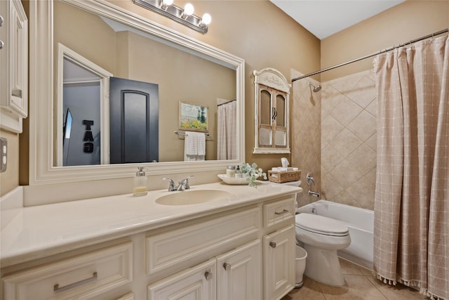 27438 Channing Springs Dr, Spring, TX 77386 - full bathroom with tile patterned floors, toilet, shower / bath combo with shower curtain, and vanity