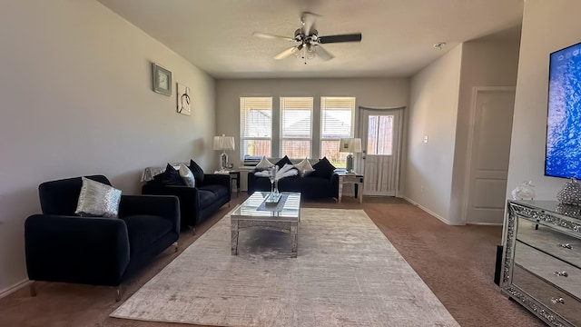 22614 Rosy Heights Trl, Tomball, TX 77377 - carpeted living area with ceiling fan and baseboards