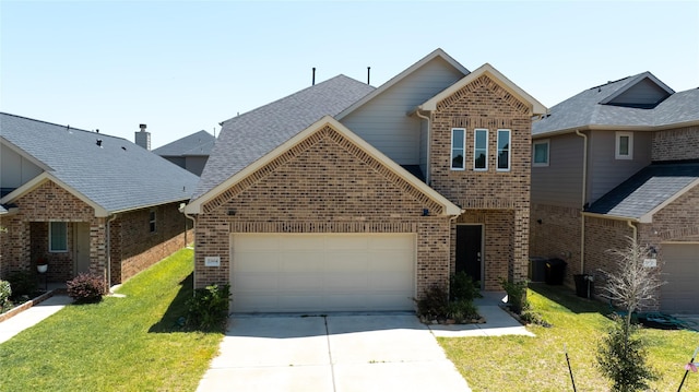 22614 Rosy Heights Trl, Tomball, TX 77377 - traditional-style house with brick siding, concrete driveway, an attached garage, and a front lawn
