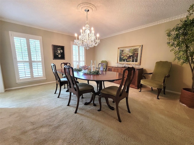 456 Lexington Ct, Conroe, TX 77302 - dining space with light carpet, a chandelier, crown molding, a textured ceiling, and baseboards