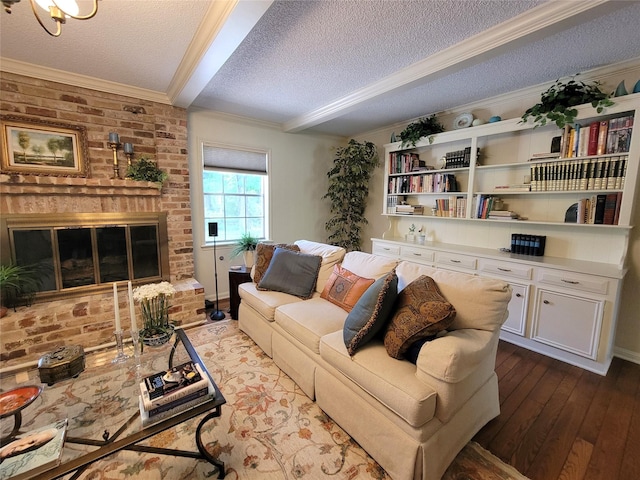 456 Lexington Ct, Conroe, TX 77302 - living room with a textured ceiling, crown molding, dark wood-style floors, a brick fireplace, and beam ceiling