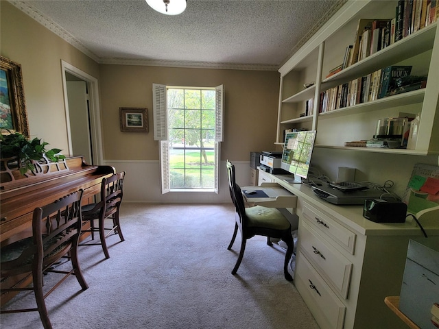 456 Lexington Ct, Conroe, TX 77302 - home office with wainscoting, built in study area, a textured ceiling, light colored carpet, and crown molding