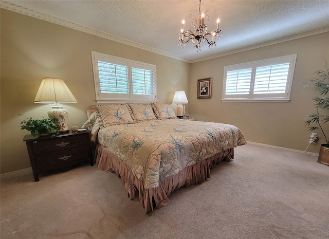 456 Lexington Ct, Conroe, TX 77302 - bedroom with ornamental molding, multiple windows, a chandelier, light colored carpet, and a textured ceiling