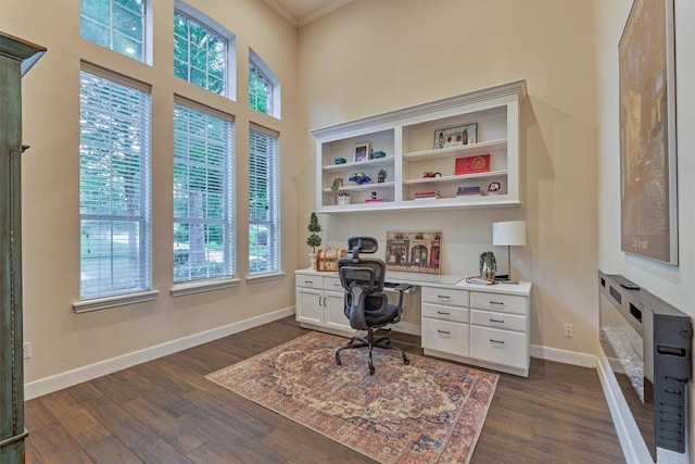 11872 Seashell Cir, Montgomery, TX 77356 - office space featuring built in desk, dark wood-style flooring, ornamental molding, and baseboards