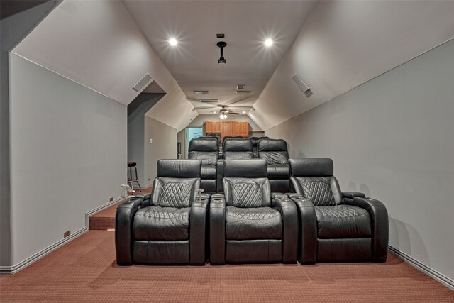 11872 Seashell Cir, Montgomery, TX 77356 - cinema featuring light colored carpet, vaulted ceiling, baseboards, ceiling fan, and recessed lighting
