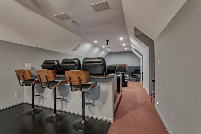 11872 Seashell Cir, Montgomery, TX 77356 - cinema room featuring lofted ceiling, baseboards, recessed lighting, and wood finished floors
