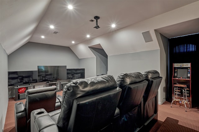 11872 Seashell Cir, Montgomery, TX 77356 - carpeted cinema room featuring lofted ceiling and recessed lighting