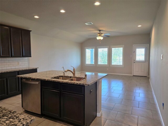 18411 Pelham Hollow Trl, Richmond, TX 77407 - kitchen featuring stainless steel dishwasher, a sink, ceiling fan, light stone counters, and recessed lighting