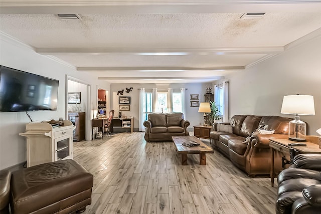 2607 E Pebble Beach Dr, Missouri City, TX 77459 - living area with beamed ceiling, light wood-type flooring, a desk, and a textured ceiling