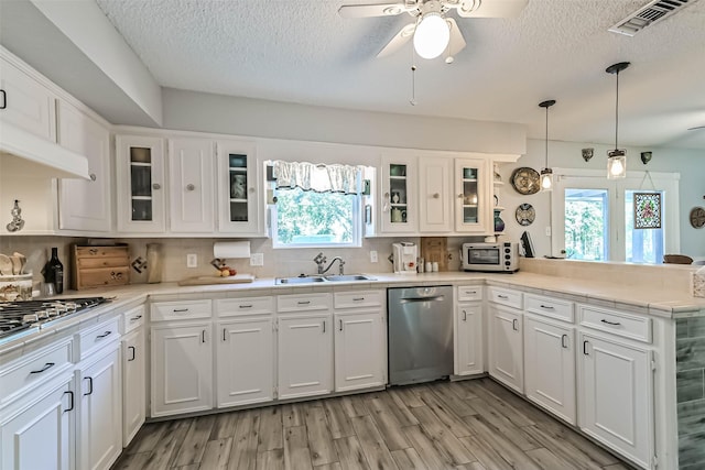 2607 E Pebble Beach Dr, Missouri City, TX 77459 - kitchen featuring appliances with stainless steel finishes, a sink, a peninsula, a textured ceiling, and plenty of natural light