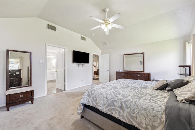 3413 Somerset Ln, Deer Park, TX 77536 - bedroom with light carpet, baseboards, ensuite bathroom, a ceiling fan, and high vaulted ceiling