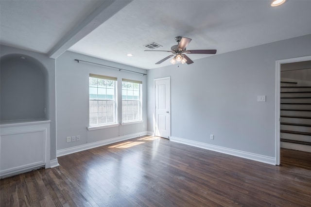 1109 Dismuke St, Houston, TX 77023 - spare room with a ceiling fan, baseboards, dark wood-style flooring, recessed lighting, and beamed ceiling