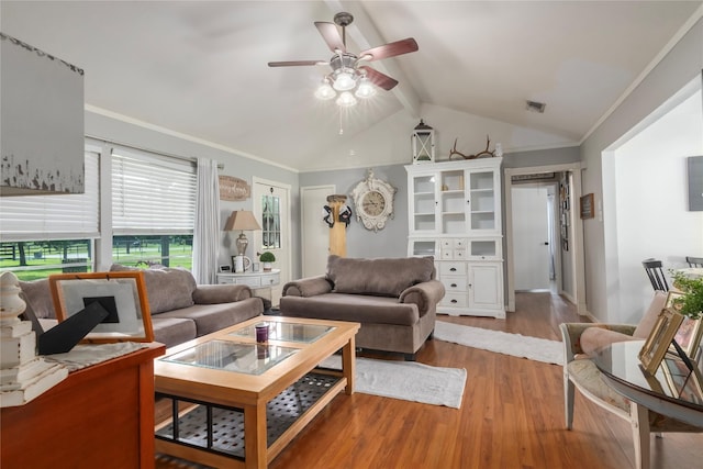 79 E Pine Dr, Huffman, TX 77336 - living area featuring a ceiling fan, wood finished floors, and ornamental molding