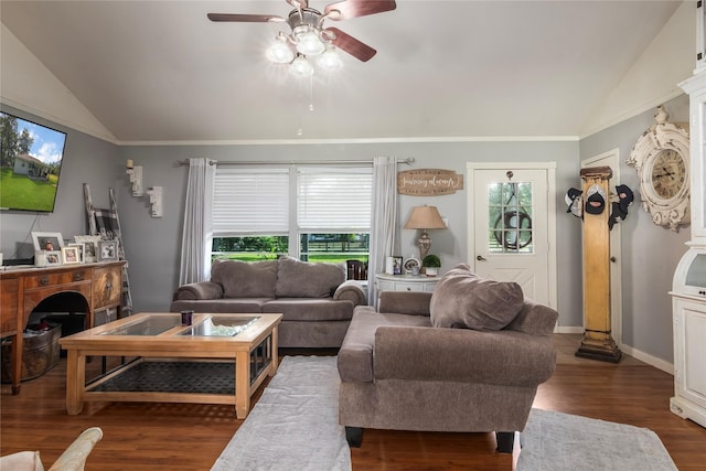 79 E Pine Dr, Huffman, TX 77336 - living area featuring vaulted ceiling, ceiling fan, and dark wood-type flooring
