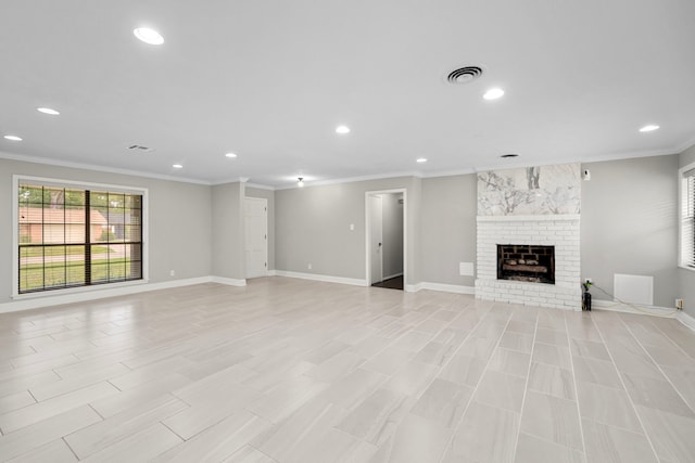 10139 Knoboak Dr, Houston, TX 77080 - unfurnished living room featuring a brick fireplace, recessed lighting, crown molding, and baseboards
