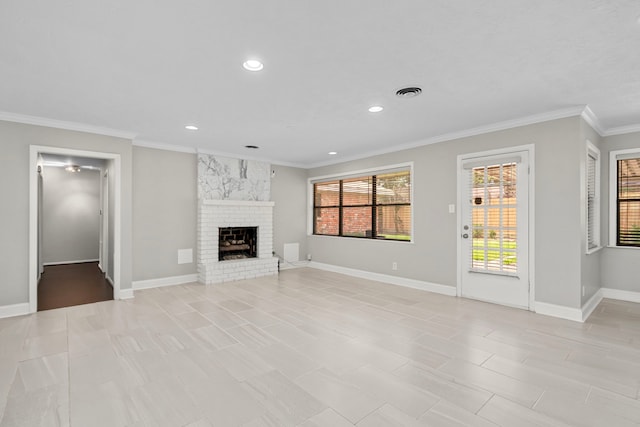 10139 Knoboak Dr, Houston, TX 77080 - unfurnished living room featuring ornamental molding, a brick fireplace, recessed lighting, and baseboards