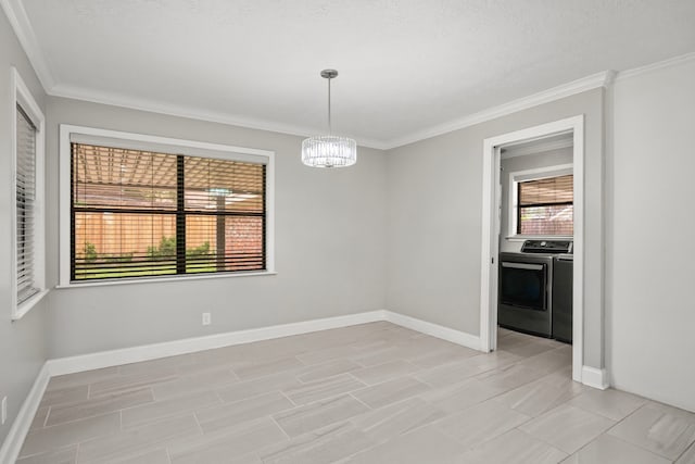 10139 Knoboak Dr, Houston, TX 77080 - unfurnished dining area featuring a chandelier, ornamental molding, and baseboards