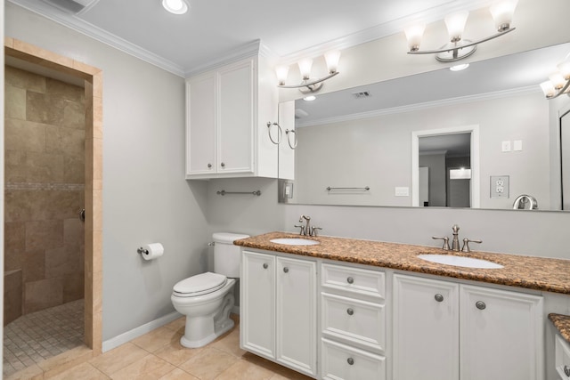 10139 Knoboak Dr, Houston, TX 77080 - full bathroom featuring double vanity, baseboards, toilet, tiled shower, and ornamental molding