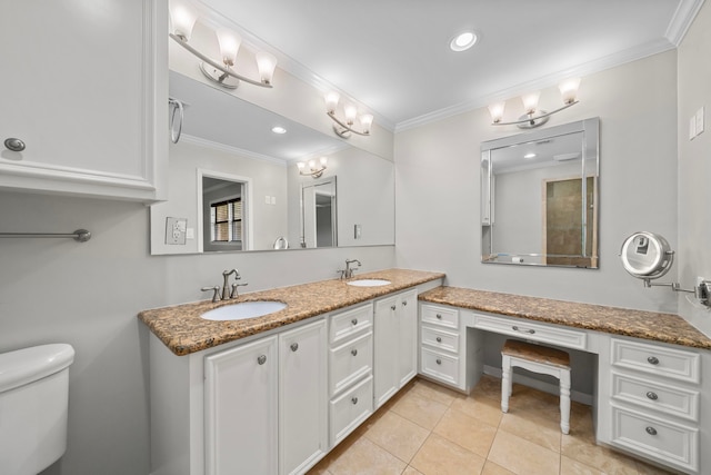 10139 Knoboak Dr, Houston, TX 77080 - full bath featuring ornamental molding, double vanity, toilet, tile patterned flooring, and recessed lighting