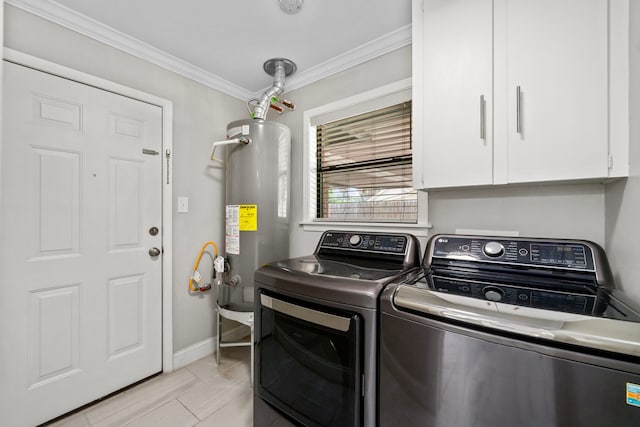 10139 Knoboak Dr, Houston, TX 77080 - washroom featuring gas water heater, washer and clothes dryer, ornamental molding, cabinet space, and baseboards