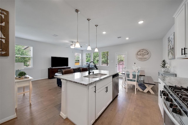 103 Skyshine Ct, Conroe, TX 77304 - kitchen with a sink, stainless steel appliances, light wood-style floors, healthy amount of natural light, and recessed lighting