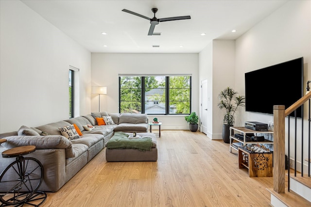 2017 W 14th St Unit A, Houston, TX 77008 - living area with light wood-style floors, ceiling fan, recessed lighting, and stairway
