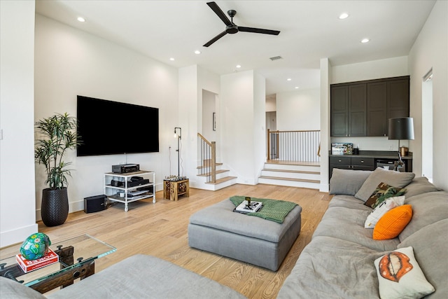 2017 W 14th St Unit A, Houston, TX 77008 - living area featuring stairway, ceiling fan, light wood-type flooring, and recessed lighting