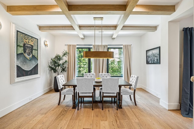 2017 W 14th St Unit A, Houston, TX 77008 - dining area featuring coffered ceiling, baseboards, light wood-style flooring, and beam ceiling