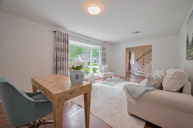 13114 Barryknoll Ln, Houston, TX 77079 - living room with stairs, wood finished floors, and ornamental molding
