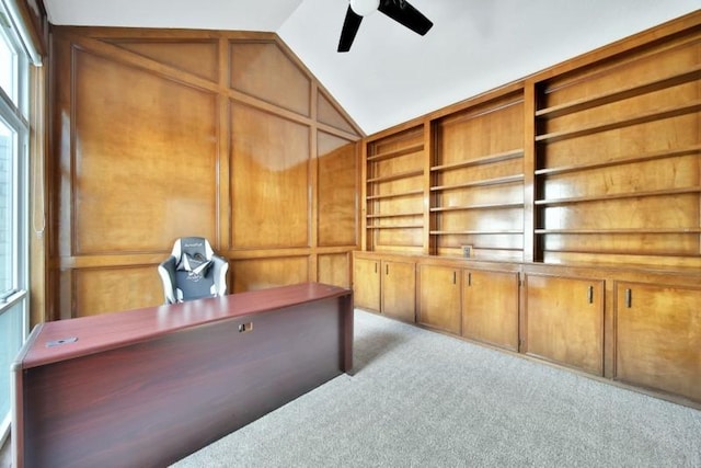 7607 Bankside Dr, Houston, TX 77071 - unfurnished office featuring a ceiling fan, lofted ceiling, carpet, and plenty of natural light
