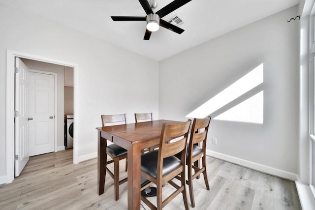 7607 Bankside Dr, Houston, TX 77071 - dining space with light wood-style flooring, washer / dryer, ceiling fan, and baseboards
