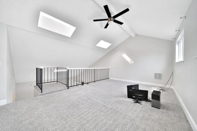 7607 Bankside Dr, Houston, TX 77071 - additional living space featuring a ceiling fan, a skylight, carpet floors, and baseboards