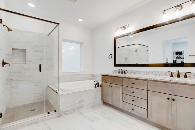 3124 Somerset Levens Ln, Houston, TX 77055 - bathroom featuring a stall shower, a garden tub, double vanity, marble finish flooring, and recessed lighting