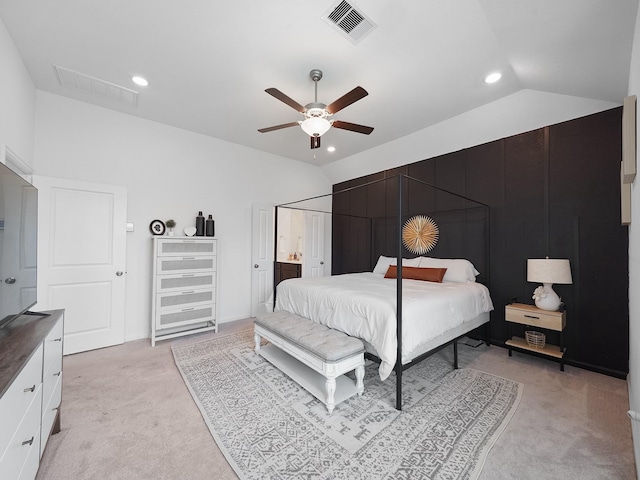 18925 Lazzaro Springs Dr, New Caney, TX 77357 - bedroom with light carpet, vaulted ceiling, recessed lighting, and ceiling fan