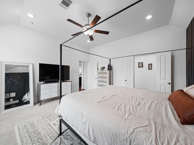 18925 Lazzaro Springs Dr, New Caney, TX 77357 - carpeted bedroom with recessed lighting, high vaulted ceiling, and a ceiling fan