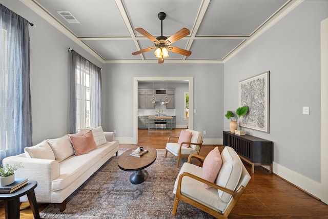 1610 Crockett St, Houston, TX 77007 - living room featuring coffered ceiling, a ceiling fan, wood finished floors, baseboards, and ornamental molding